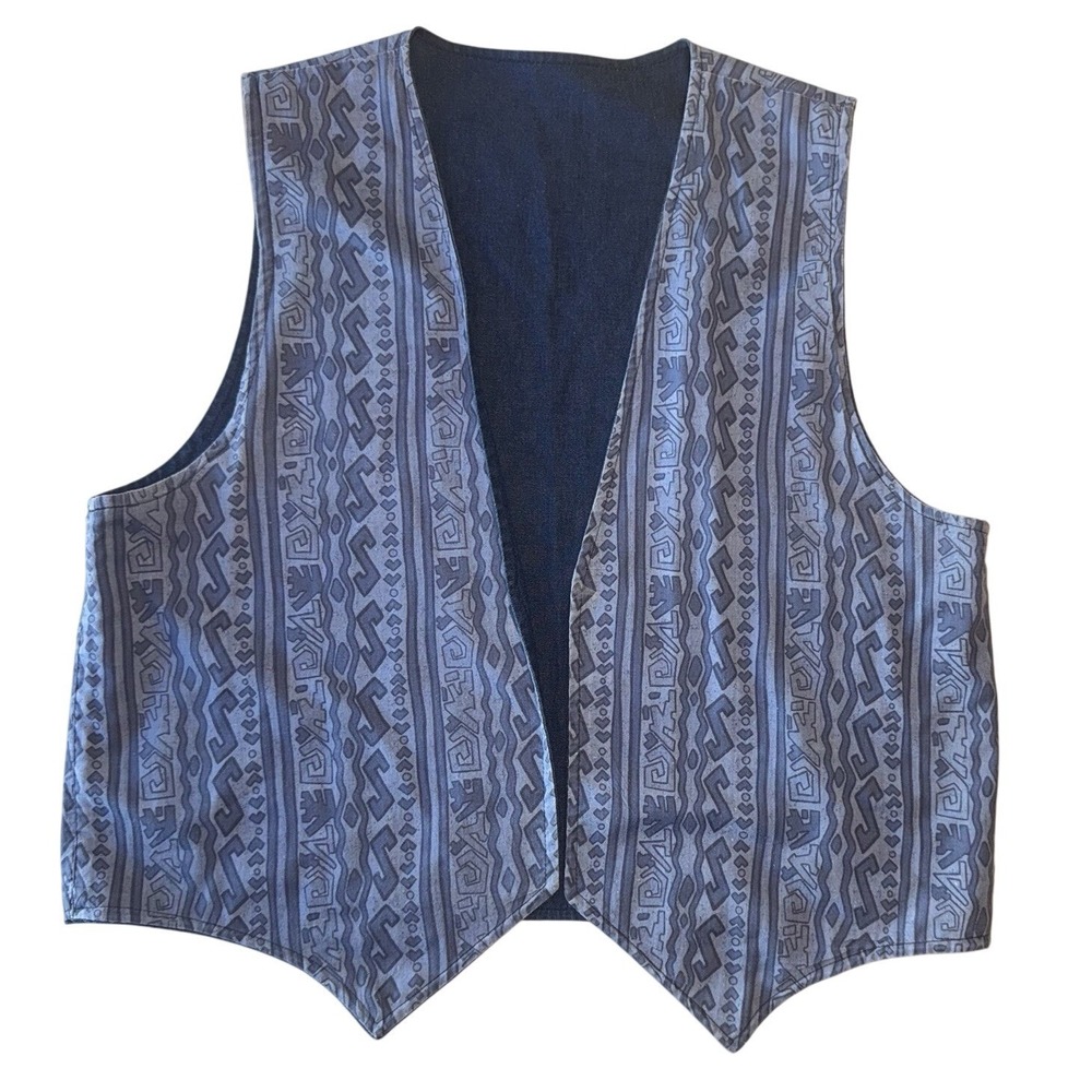 Womens Reversible Geometric Print Denim Vest Blue Boho Festival Size M